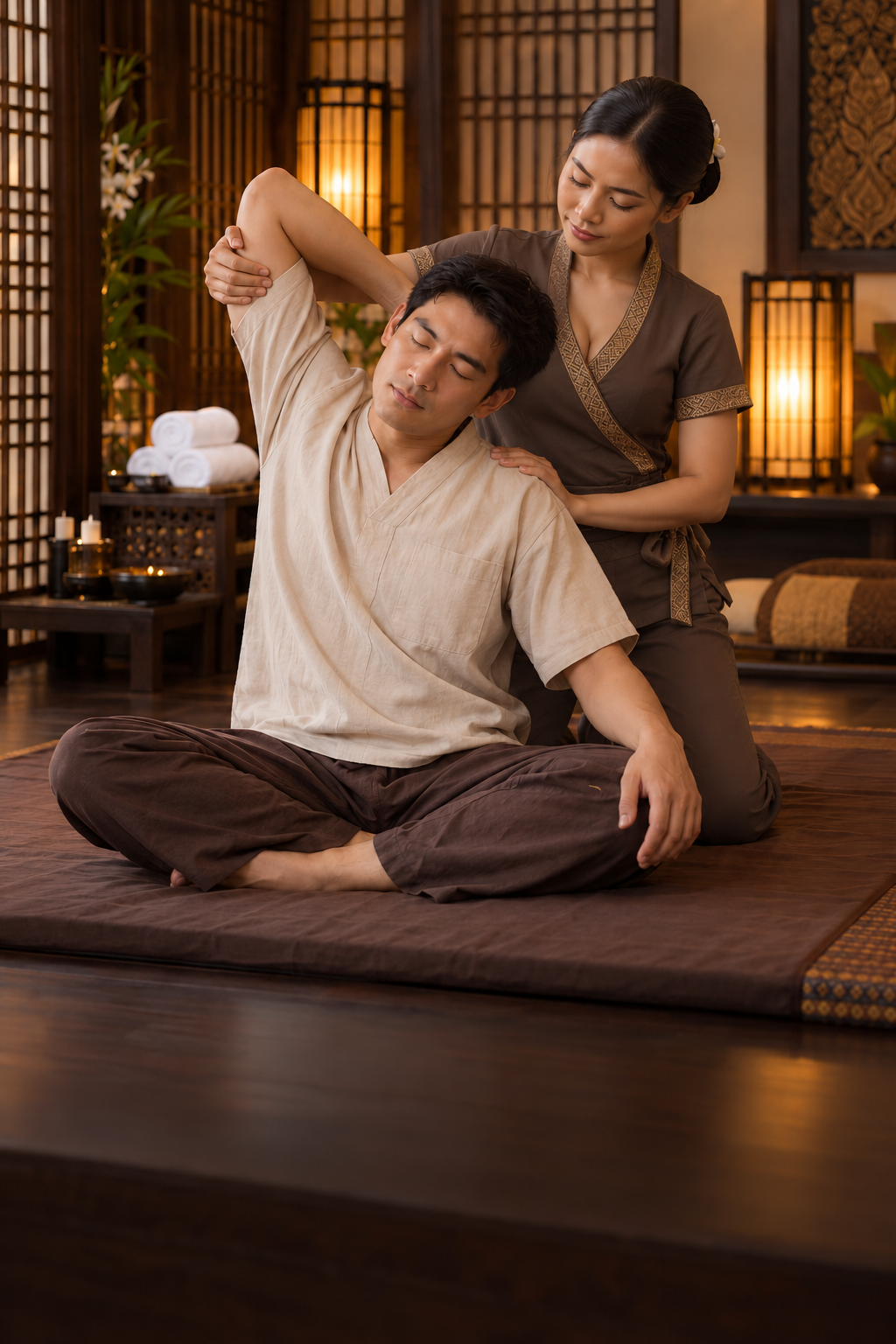 Glamorous professional therapist performing a Thai massage stretch for Package B